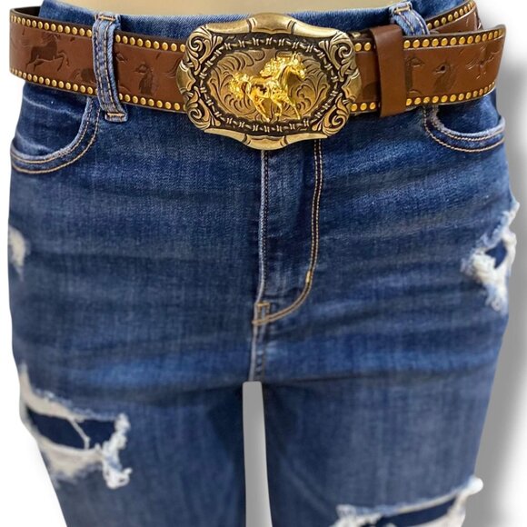 Western Oversized Gold Horse Buckle Belt — Brown (Adjustable) - Picture 1 of 4